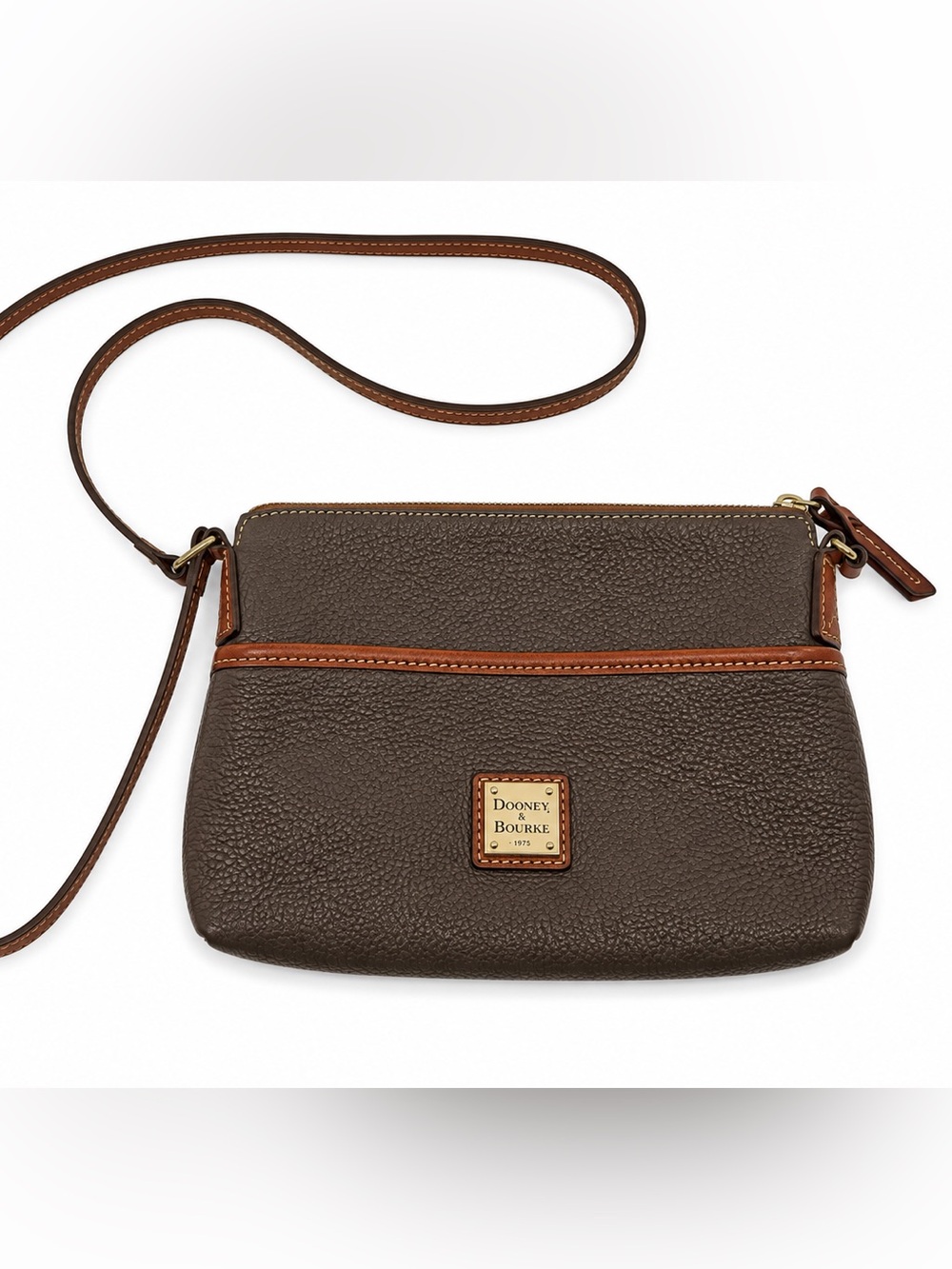 Dooney & Bourke Brown Pebbled Leather Crossbody with Tan Trim